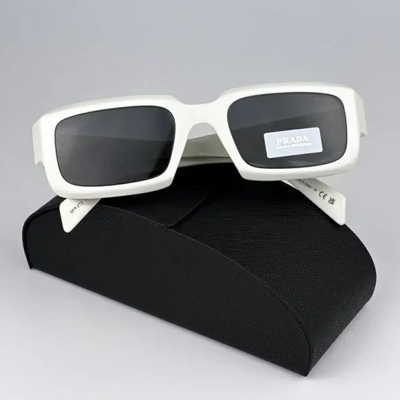 SALE! NEW Prada PR27ZS 17K08Z Talc White Dark Grey Unisex Rectangle Sunglasses - Picture 3 of 13